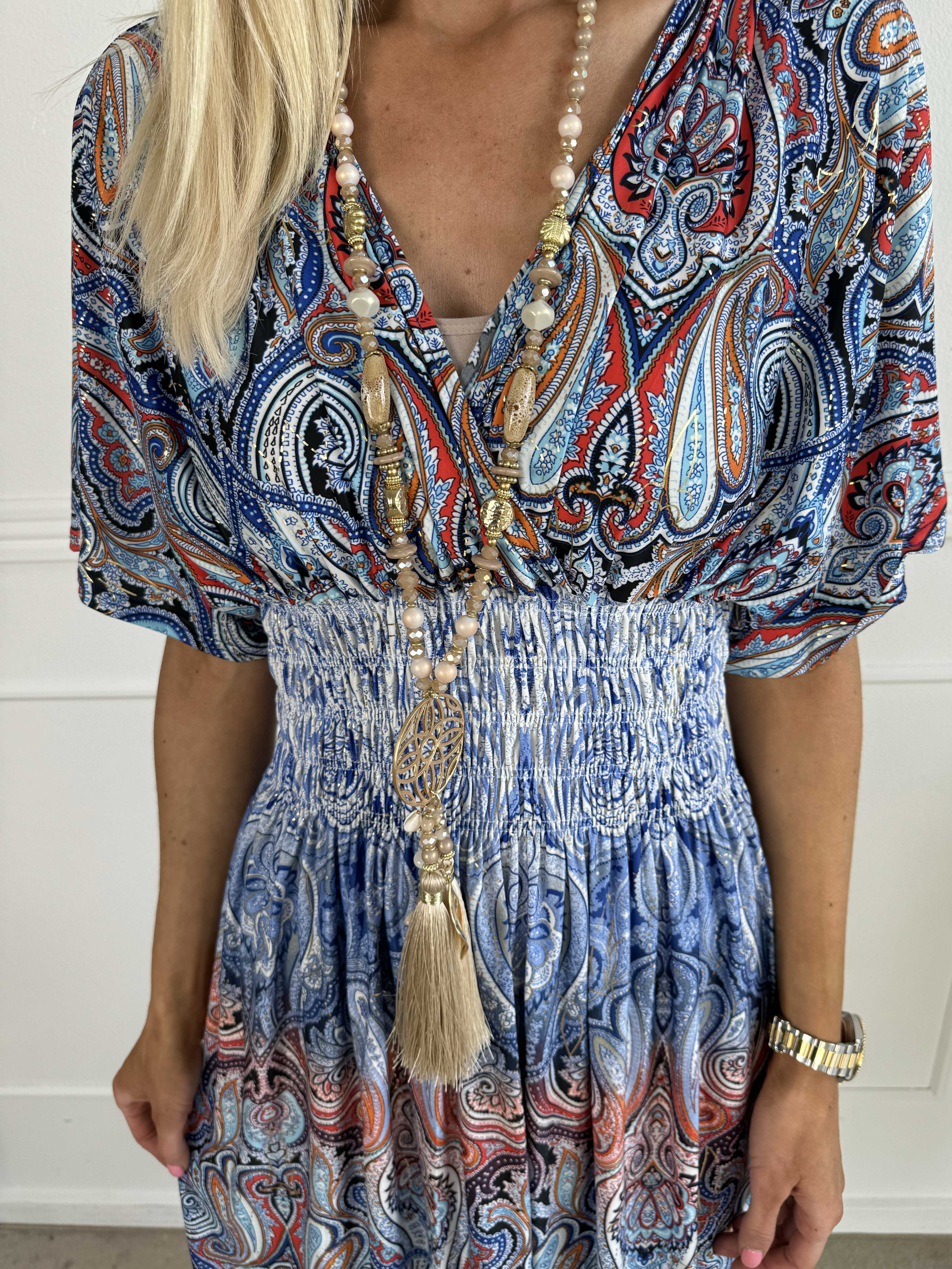 Pams Paisley short S/S - Mønstret elastisk kjole med smock